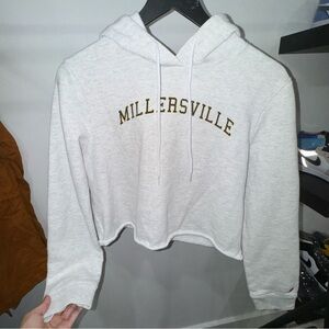 White cropped hoodie with Miller'sville logo